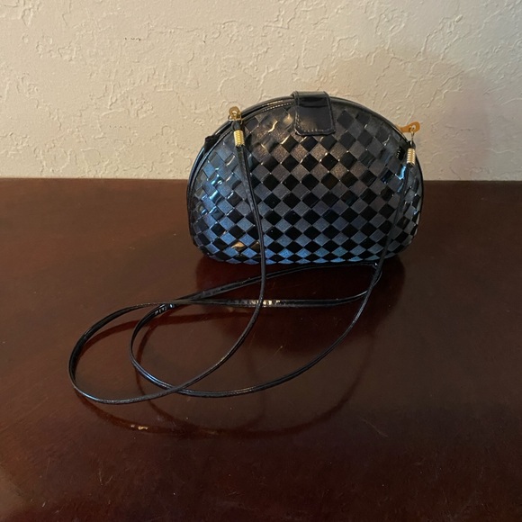 Handbags - Vintage 1980's Small Black Woven Patent Leather Clutch Box Bag Crossbody Strap